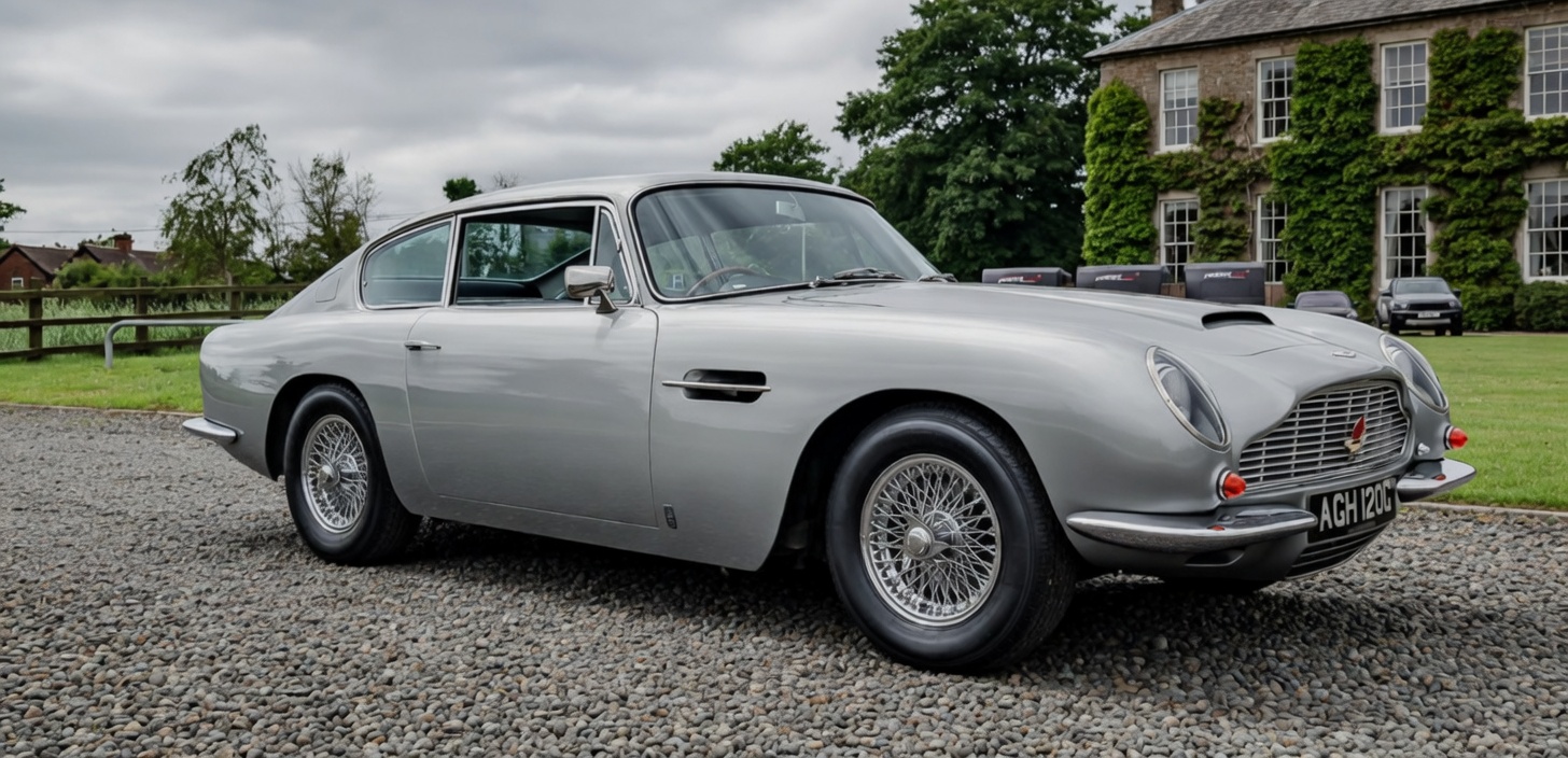 Classic Aston Martin DB6 outside a country house